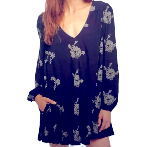 Free People Embroidered Austin Dress in Navy Blue - Picture 1 of 8